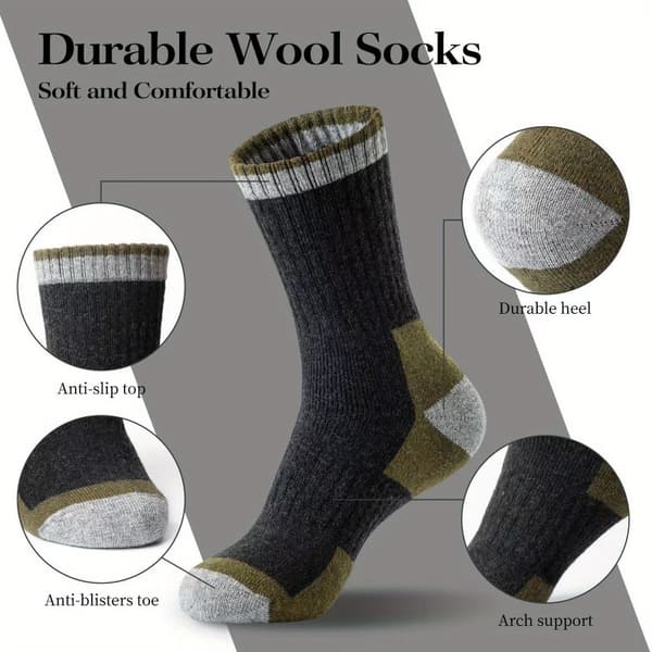 Lollanda Men's Merino Wool Hiking Socks - 5-pack, Warm Thick Winter Socks with Moisture-Wicking Terry, Mid-Calf Socks