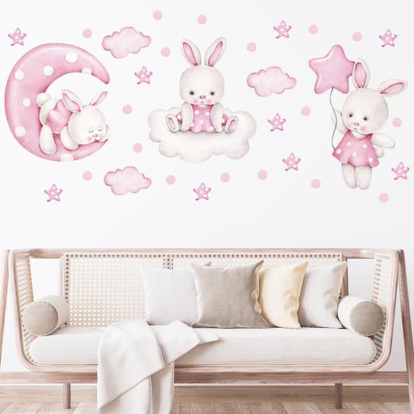 Rabbits with Balloons Pink, Personalized Wall Decals Watercolor