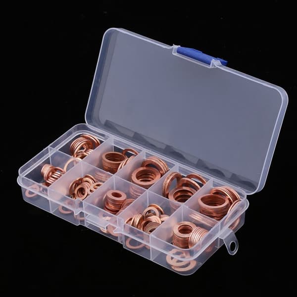 200 stk kobber skive pakning mutter bolt flat sett O-ring solid pakningssortiment kit bilmotor pakningslokk
