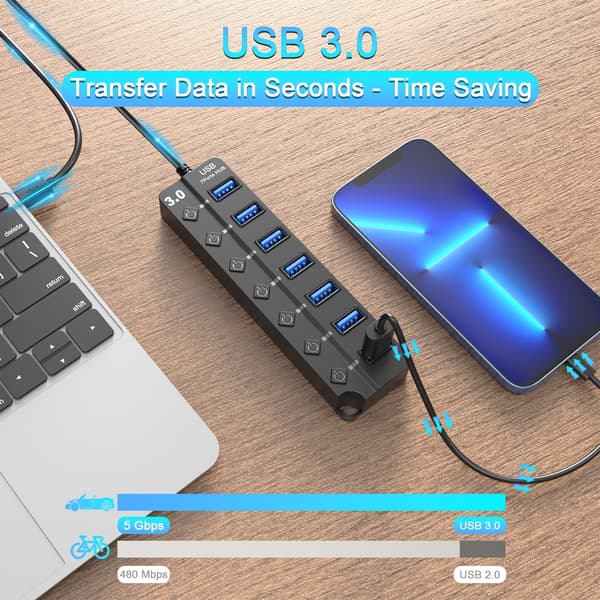 7-porters USB 3.0-hub-splitter for bærbar PC og stasjonær PC USB-adapter med individuelle brytere