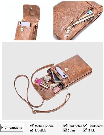 Mobile Phone Crossbody Bag, Women's Leather Textured Small Wallet Bag with Adjustable Shoulder Strap (Black)_OF