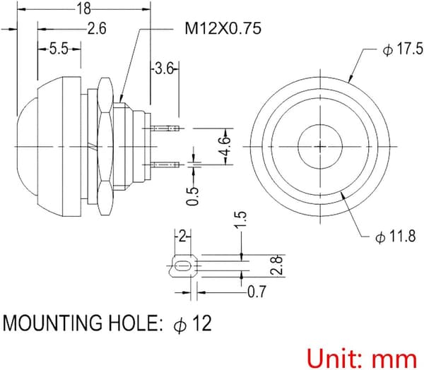 10 stk 12 mm Momentan Vanntett Trykknapp Mini Trykknapp Trykk