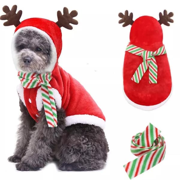 Hund Juleklær, Reinsdyrhornkostyme, Vinterjakke for Valper, Skjerf