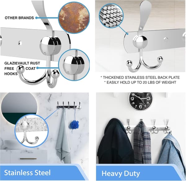 Klädhängare för vägg - Rostfria ställningar (2-pack) - Tunga väggmonterade - Premiumdesign Rostfria väggkrokar