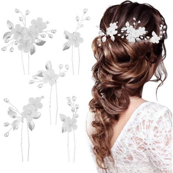 Brudehårklemmer til bryllup 5 stk blomsterhårtilbehør sølv U-formede klemmer for kvinner og jenter elegante bryllupssmykker