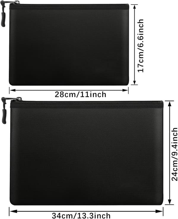 2 stk - Brandsikker taske A4/A5 dokumentholder opbevaring penge penalhus til pas, kort og værdigenstande 28*17cm, 34*24 cm sort_yu