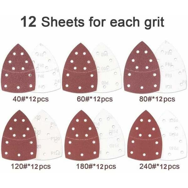 72 st sandpapper triangulär delta sandpapper, 105 x 152 mm, (12 x 40/60/80/120/180/240 grit vardera), för multifunktionsslipmaskin
