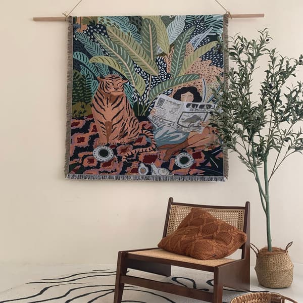 1 stk 160x130cm strikket tiger- og kvinneteppe dekorert