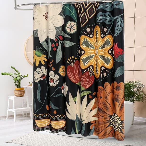 Bohemian Floral Shower Curtain with Tropical Leaf Pattern (180x200cm)-FX-