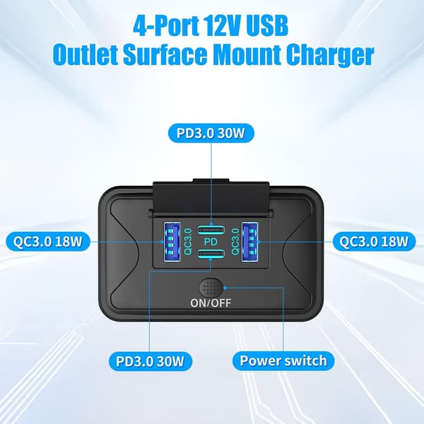 Väggmonterad 4-portars 78W USB-laddare - 36W PD & 18W QC3.0 snabbladdningspanel