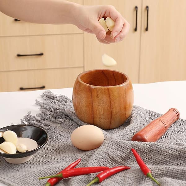 1 set garlic mortar environmentally friendly high durability wood manual garlic press crusher mortar set for home S S
