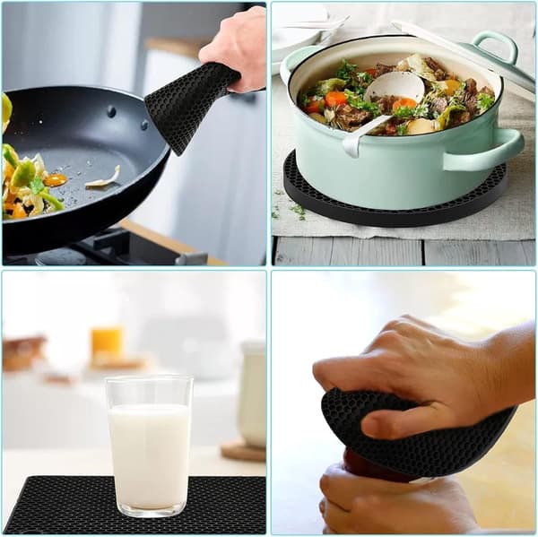 4 Pot Holders (2 Square + 2 Round) - Silicone Pot Holders, Heat Resistant Countertop Mats - Black