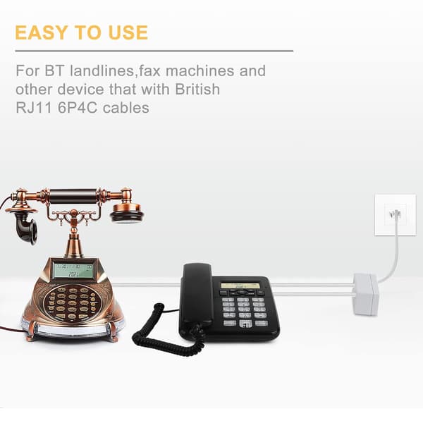 2-vejs BT-telefonstikadapter, RJ11 BT-han til 2-hun, dobbelt telefonstikadapter til UK-fastnetkabeladapter og -konverter, hvid