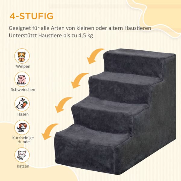 Pet Stairs, 4 Steps, Removable Cover, Dark Grey, 44 cm