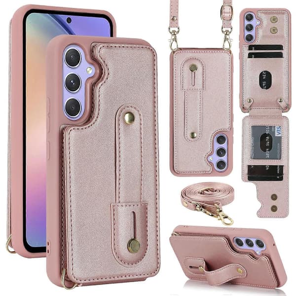 Case for Samsung Galaxy S25+ with Stand, Card Slots, Leather-Covered TPU Case with Shoulder Strap