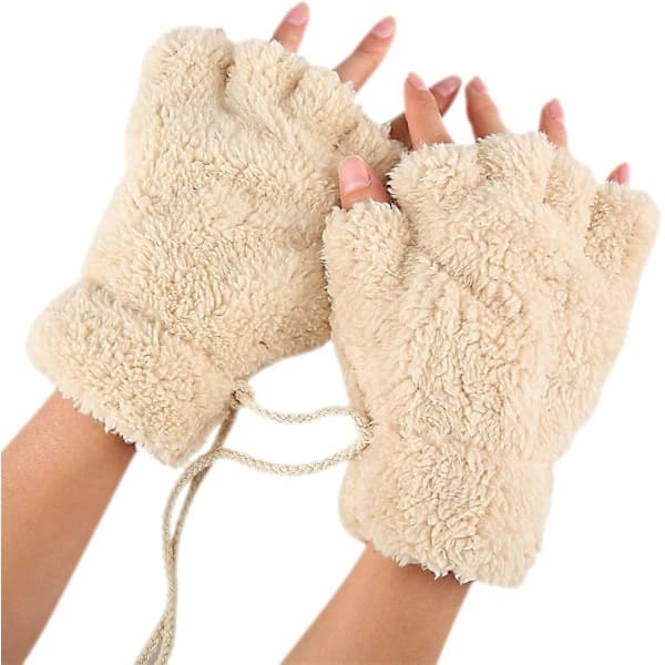 Dame Bjørn Plys Kat Pote Klo Vante Bløde Vinterhandsker Fingerløse Handsker (beige)