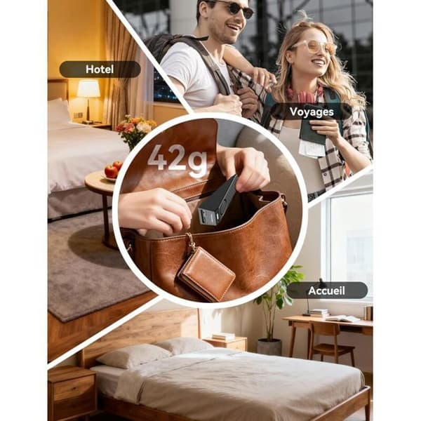 Bærbart dørstoppalarm med doble lys- og lydvarsler; oppladbart; egnet for hjem, hotell og reise