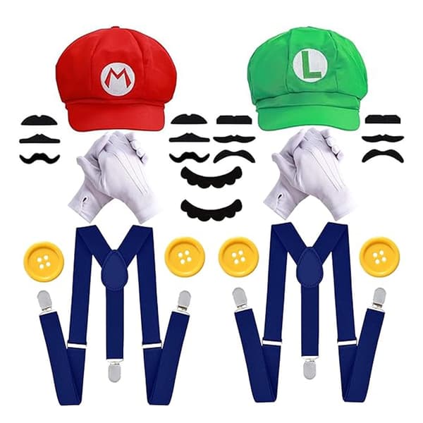 Halloween Rollespils-tilbehørssæt til Mario og Luigi Voksenkostumer - Sjove Par Kostumer, Super Bros