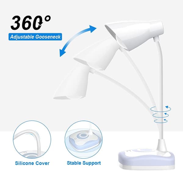 Bordlampe, USB Genopladelig Fleksibel Hals, Øjenbeskyttelse, 3 Lysstyrker