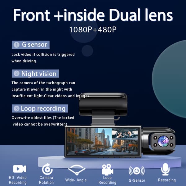 Dashcam for biler Bilkamera med IR-nattsyn Loop-opptak med 3,16 tommers IPS-skjerm