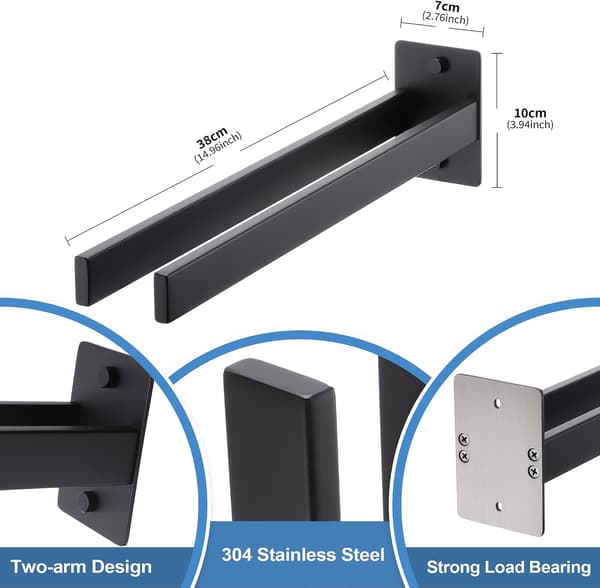 Wall Mounted Towel Rack - Matte Black - Stainless Steel Towel Bar - Single Arm Square - for Bathroom
