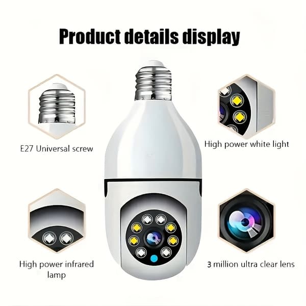 Smarte WiFi-lampe sikkerhetskameraer, 360° panoramaovervåking med bevegelsesdeteksjonsvarsler