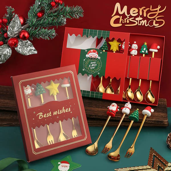 4ST6ST Julklapp Lersked Gaffel Set Älg Träd Dessert Sp Guld Gold 4pcs