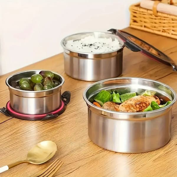 Stainless Steel Lunch Boxes, Set of 3, Leak-Proof Lids, Reusable Stackable Food Containers for Work, School, Travel, Silver Black