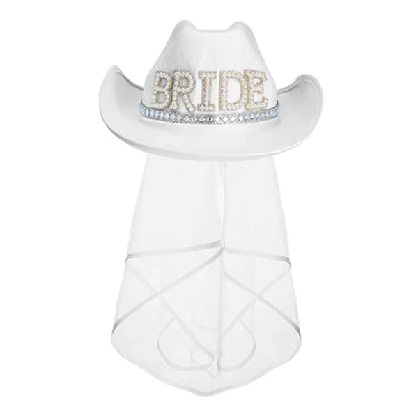 Cowboyhat til kvinder med hvidt slør, bredskygget hat til piger, perlebroderede \"BRIDE\"-hatte til forlovelse, udendørsferie, dekorativ