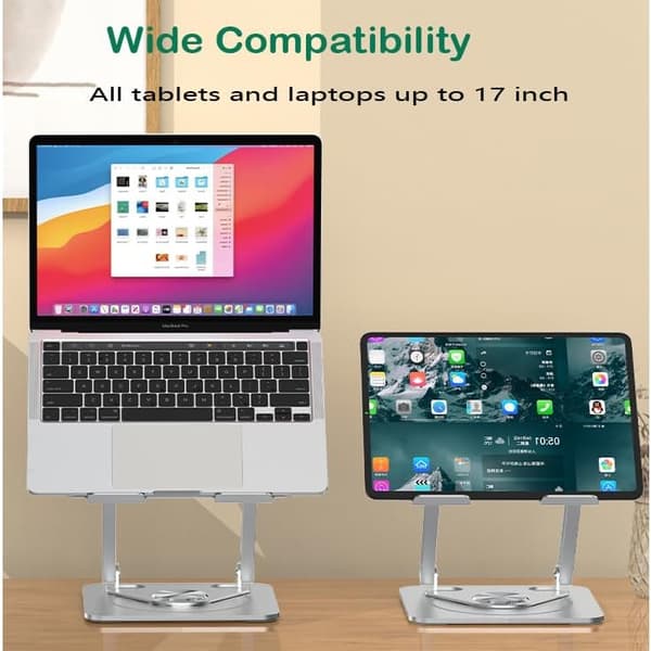 Bærbar computerstativ til skrivebord, justerbart aluminiumsstativ med 360° roterende base, foldbar ergonomisk hæver, bærbar holder kompatibel
