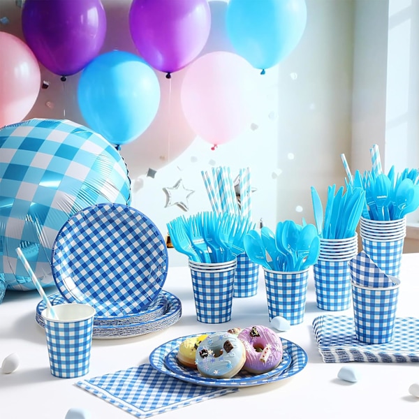 200 delar blå ginghamfest för bröllop blå, vit Blue,white