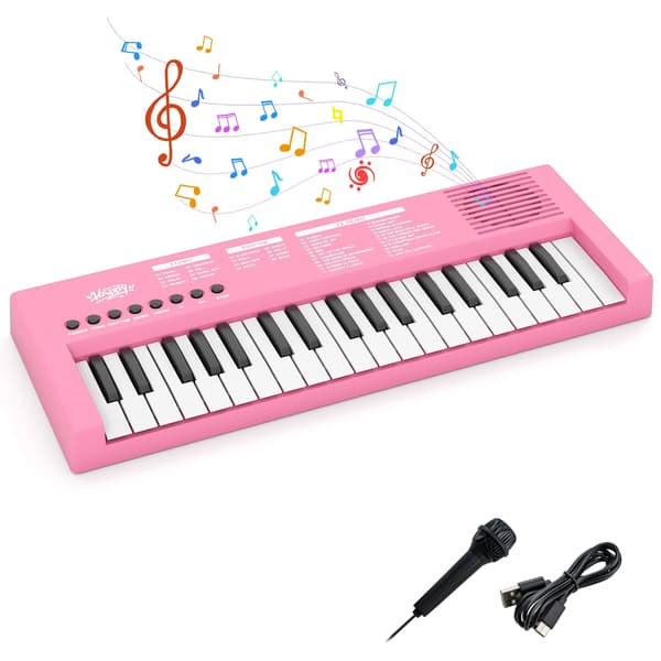 Rosa keyboardpiano til børn, 37 tangenter, 8 rytmer, USB og batteri
