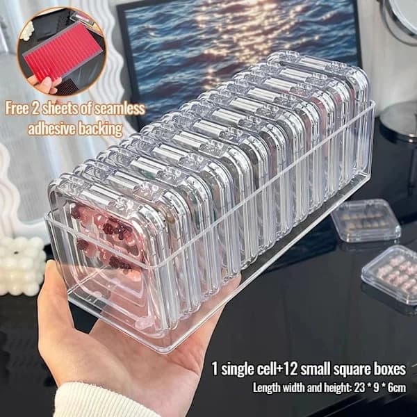 12-pack press-on nail organizer, clear acrylic storage box with tape