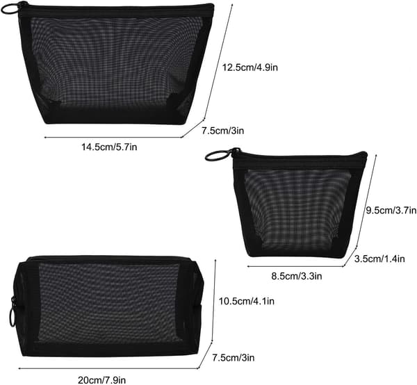 Mesh Kosmetisk Väska 3-Pack Resväska Toalettväska med Dragkedja Makeup