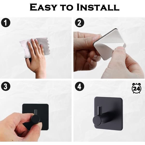 4 Pieces Black Self-Adhesive Wall Hooks, Bathroom Kitchen Self-Adhesive Hooks, Stainless Steel Self-Adhesive Wall Hook Without Drilling
