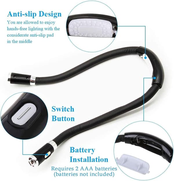 Leselys til å ha rundt halsen, perfekt for lesing i sengen, med 4 LED-er og 3 moduser med U-formede LED-er.