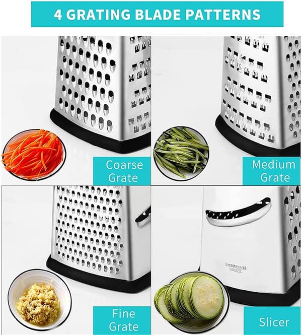 4-sided Stainless Steel Grater, Handheld Grater/Slicer/Zester, for Fruit, Vegetables, Carrots, Cheese, Dishwasher Safe (S)