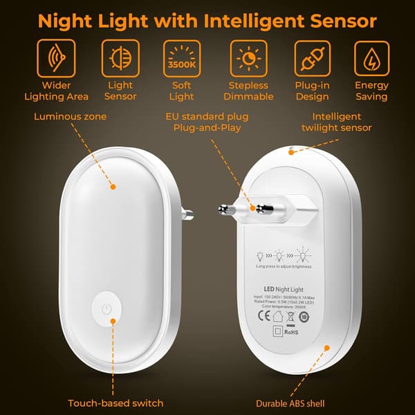 1 pc LED Night Light Power Outlet with Touch Control, Night Light with Dusk Sensor and Adjustable Brightness, Children's Night Light for Children's Room, Stairs, Hallway, Kitchen