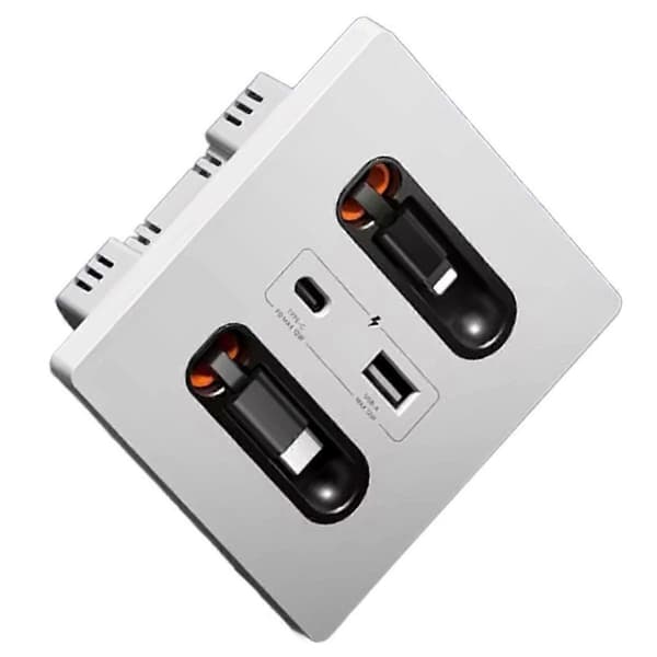 12w Universal Wall Panel Socket with USB-A USB-C Retractable Charging Cable, Mobile Phone Tablet Charger