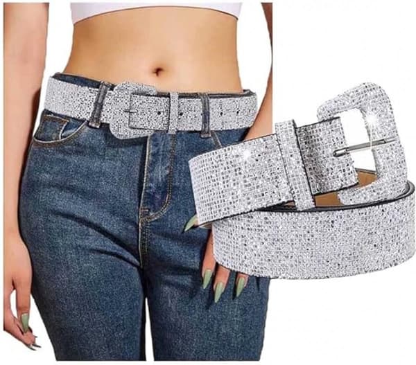 Bälte med stiftspänne, glitterpaljetter, läder med strass, smalt glitterbälte för kvinnor, silver