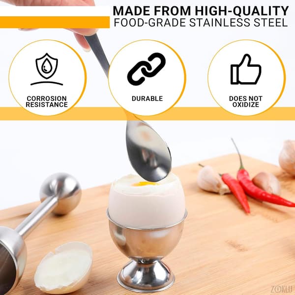 Eggshell opener, 2 egg cups for soft-boiled and hard-boiled eggs with 2 spoons, stainless steel construction, fits most egg sizes