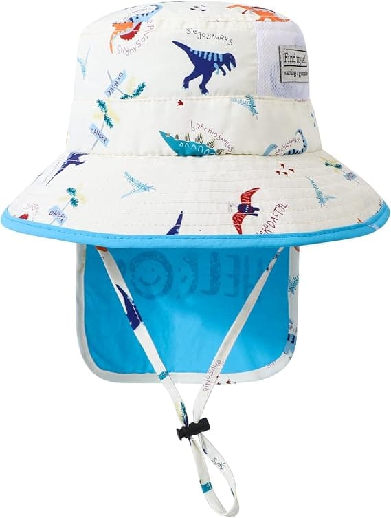 Solhatt Barn Sommer Bøttehatt Bred Brede Strandhatt med Hakestropp UPF50 Dinosaur Klaffhatt for Barn 2-5 År Gamle