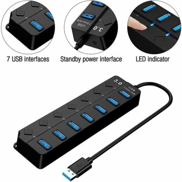 USB 3.0-hub, multi 7-porters USB-strøm med individuell bryter, strømforsynt USB 3.0-hub, flere USB-porter for PC, bærbar PC,
