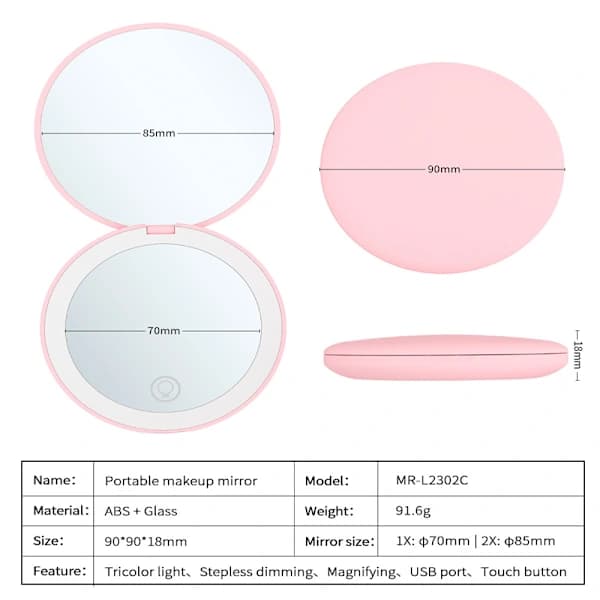 Compact Mirror with LED Light, Magnifying Rechargeable Mirror, Dimmable Travel Mirror for Purse, Pocket, Handheld 2-sided Makeup Mirror White