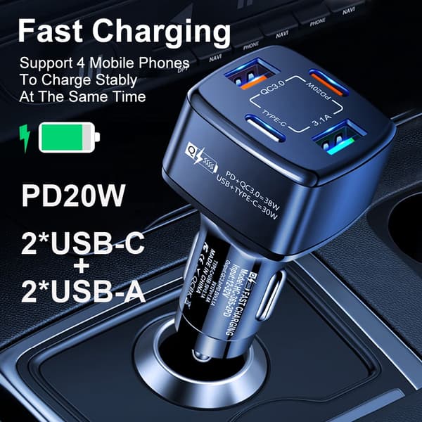Populär 4-portars USB A+C QC3.0 PD20W Typ C snabbladdare för bil med CE FCC-certifiering【COPL】