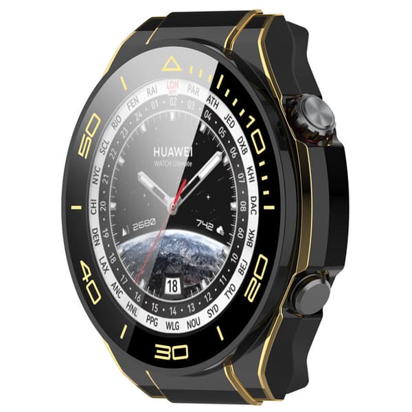 Protective Case for Huawei Watch Ultimate with Tempered Glass Screen Protector (Black-Gold)