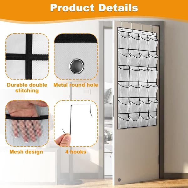 Hanging Shoe Rack - with 24 Mesh Pockets & 4 Hooks - Over-the-Door Storage Rack - Storage Pockets