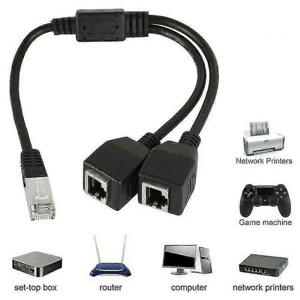 1 hann til 2 hunn RJ45 Ethernet nettverk LAN forlengelsessplitterkabeladapter