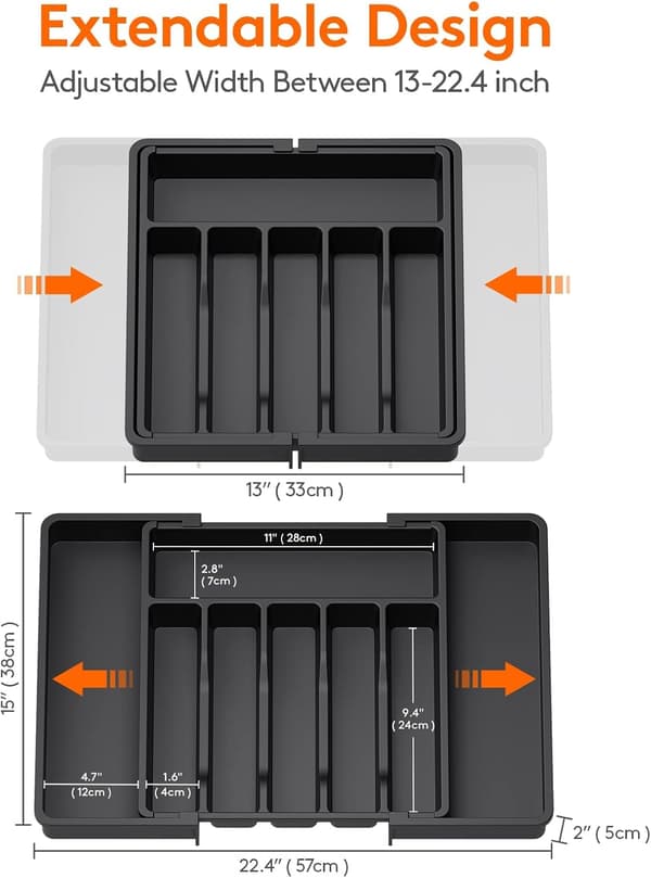 Cutlery Holder - Black, Expandable Cutlery Tray, Adjustable Drawer Organizer for Kitchen, Compa