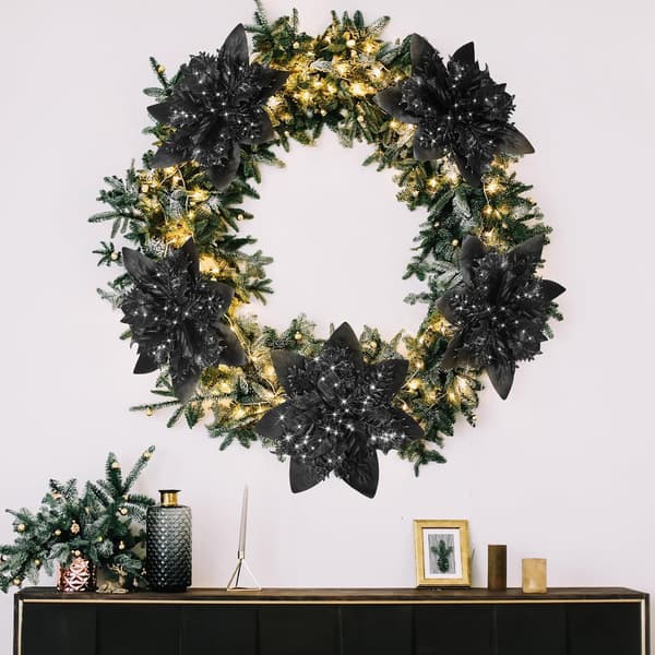 20 stk juleblomster, svarte kunstige blomster med klips og blomsterstilk